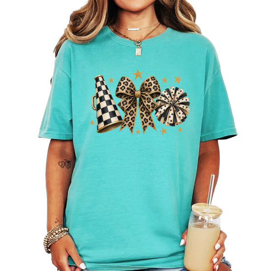 Seafoam Comfort Colors 1717 cheer t-shirt with checkered megaphone, leopard print bow and polka dot pom pom graphic, alternate view