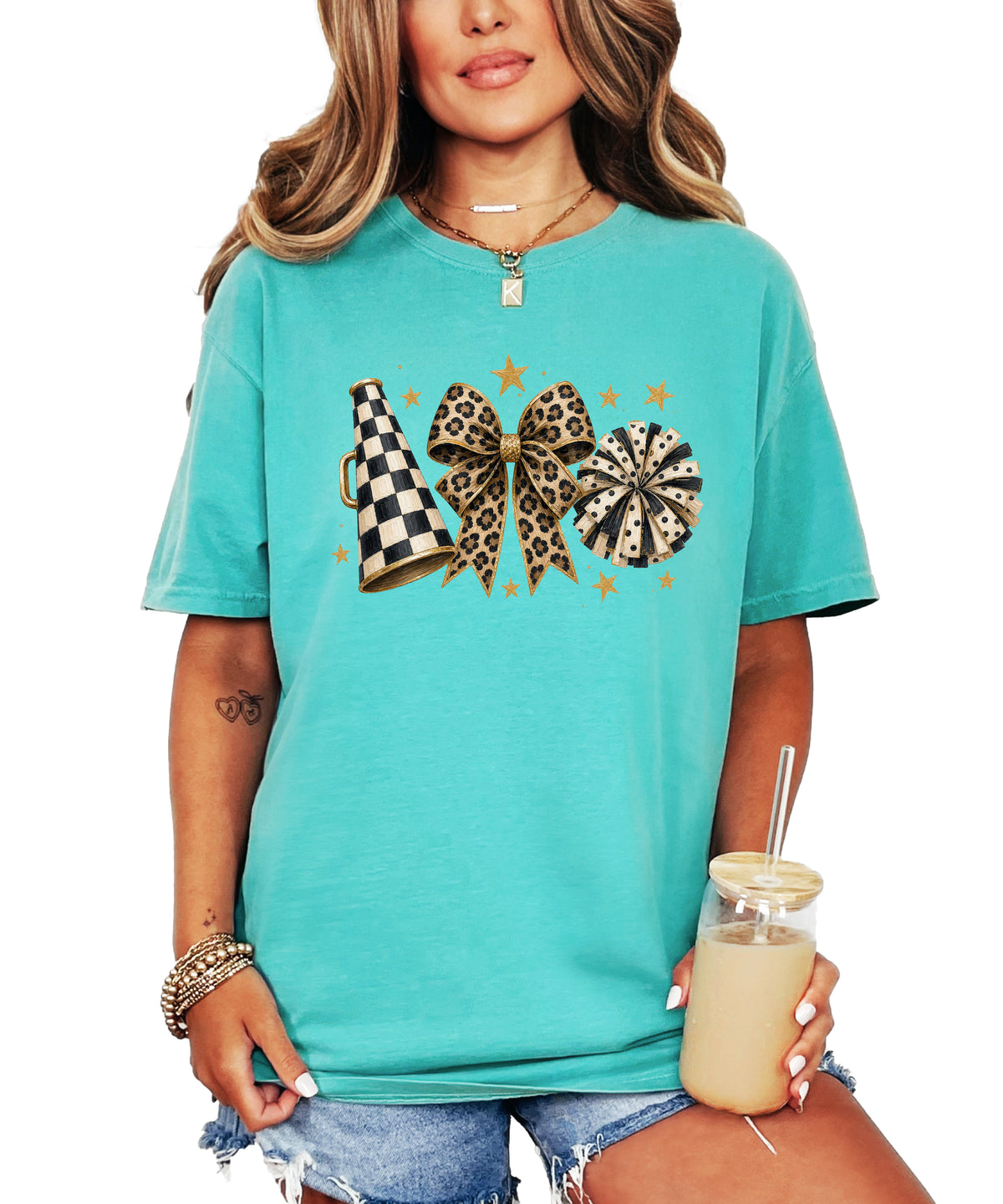 Seafoam Comfort Colors 1717 cheer t-shirt with checkered megaphone, leopard print bow and polka dot pom pom graphic, alternate view
