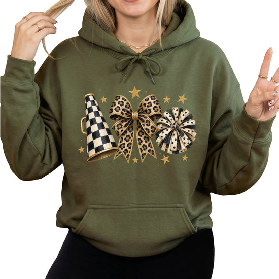 Cheer megaphone coquette bow hoodie for women and teen girls, Army Green, front view