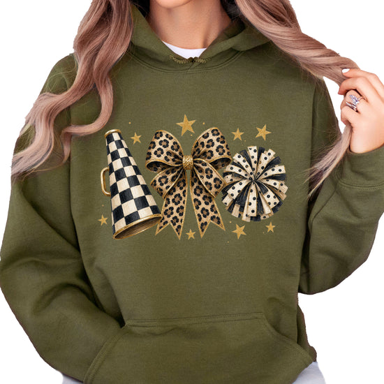 Cheer megaphone coquette bow hoodie for women and teen girls, Army Green, view 2