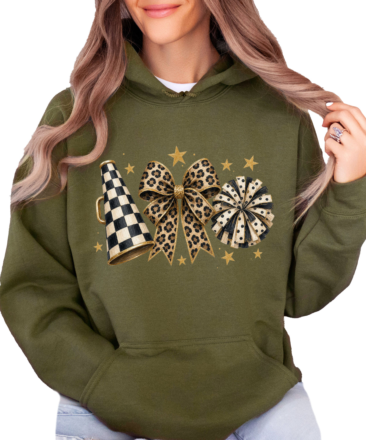 Cheer megaphone coquette bow hoodie for women and teen girls, Army Green, view 2
