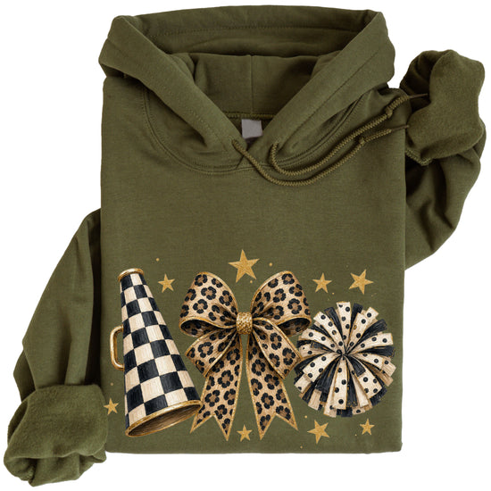 Cheer megaphone coquette bow hoodie for women and teen girls, Army Green, view 4