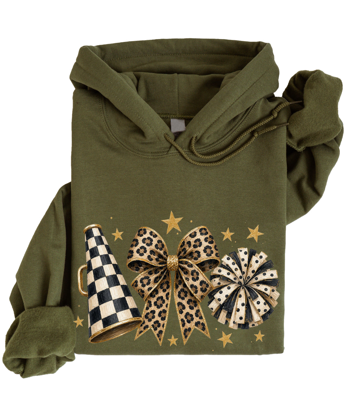 Cheer megaphone coquette bow hoodie for women and teen girls, Army Green, view 4
