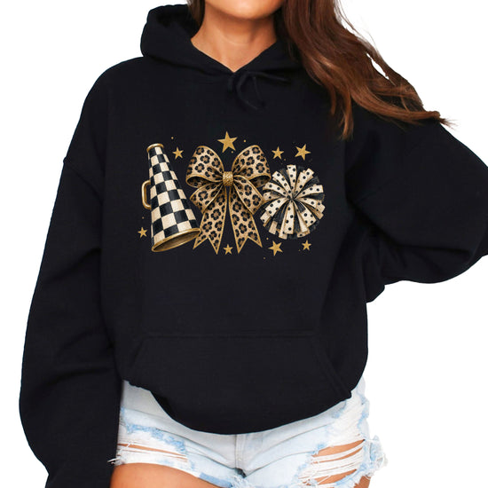 Cheer megaphone coquette bow hoodie for women and teen girls, Black, front view