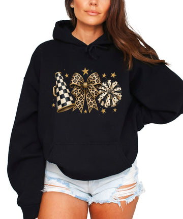 Cheer megaphone coquette bow hoodie for women and teen girls, Black, front view