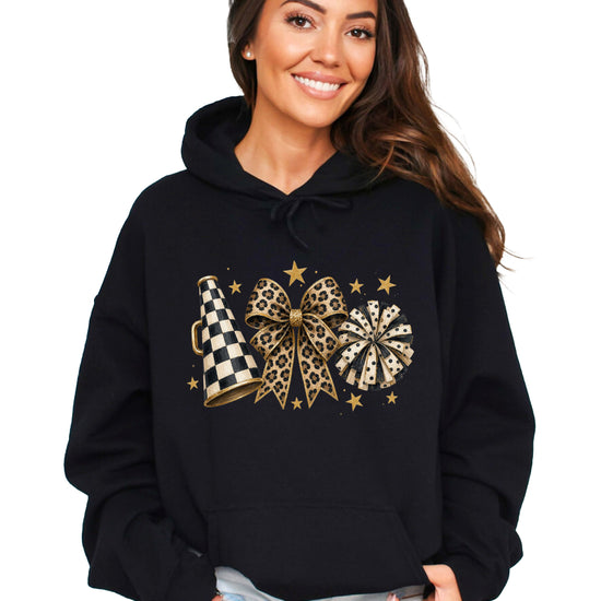 Cheer megaphone coquette bow hoodie for women and teen girls, Black, view 2