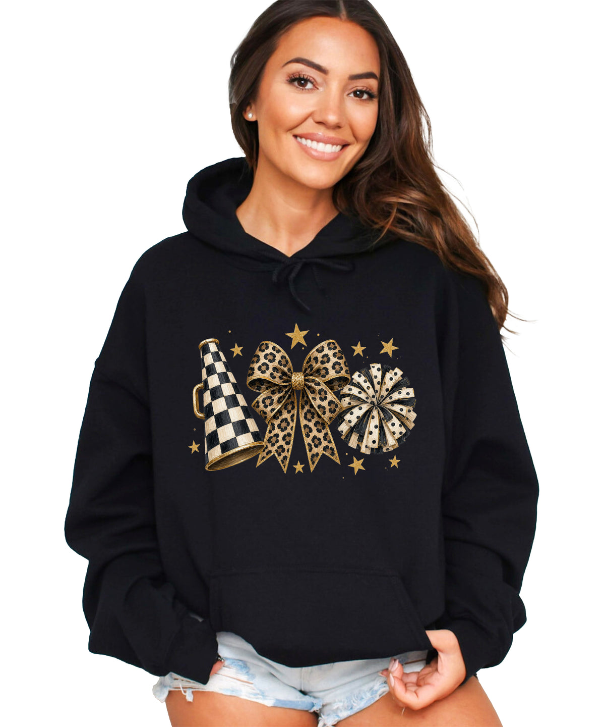 Cheer megaphone coquette bow hoodie for women and teen girls, Black, view 2