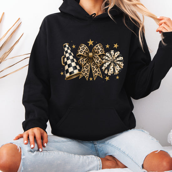 Cheer megaphone coquette bow hoodie for women and teen girls, Black, view 3