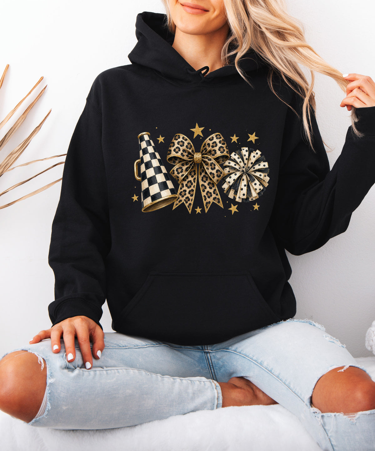 Cheer megaphone coquette bow hoodie for women and teen girls, Black, view 3