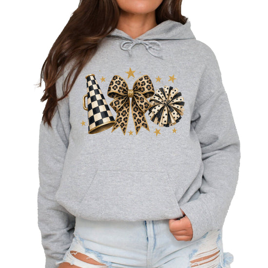Cheer megaphone coquette bow hoodie for women and teen girls, Gray, front view