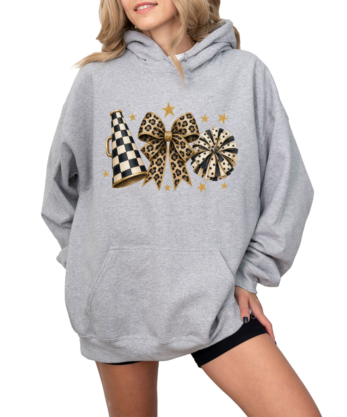 Cheer megaphone coquette bow hoodie for women and teen girls, Gray, view 2