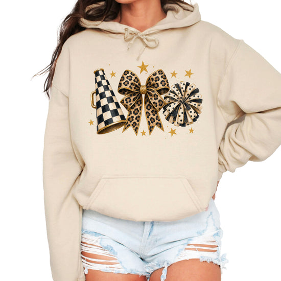 Cheer megaphone coquette bow hoodie for women and teen girls, Sand, front view