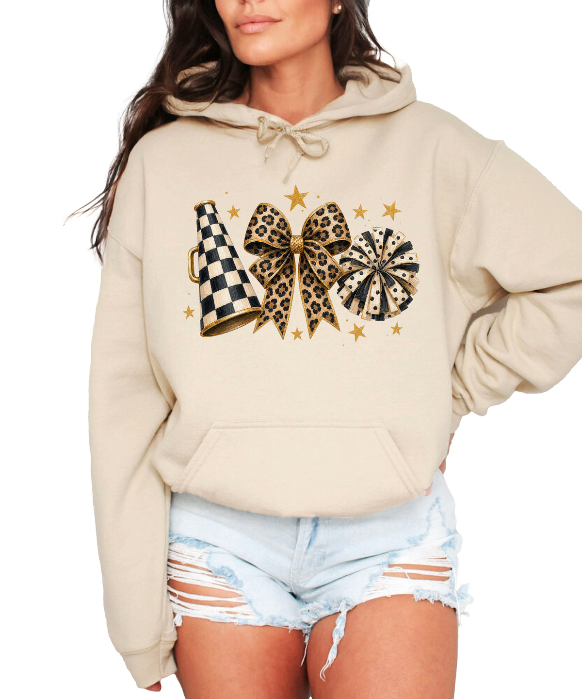 Cheer megaphone coquette bow hoodie for women and teen girls, Sand, front view