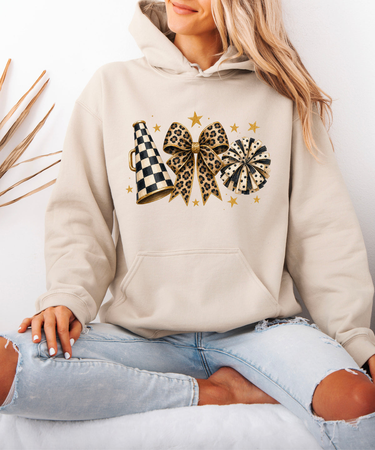 Cheer megaphone coquette bow hoodie for women and teen girls, Sand, view 2