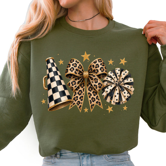 Cheer sweatshirt for women in Army Green, leopard bow megaphone pom pom crewneck, view 1