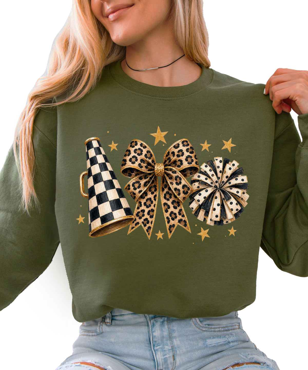 Cheer sweatshirt for women in Army Green, leopard bow megaphone pom pom crewneck, view 1