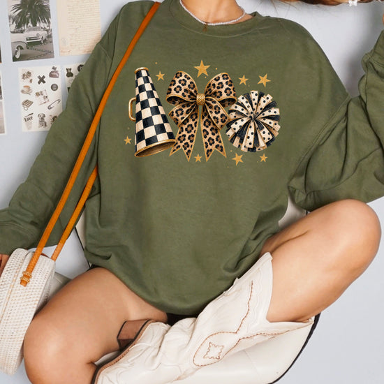 Cheer sweatshirt for women in Army Green, leopard bow megaphone pom pom crewneck, view 2