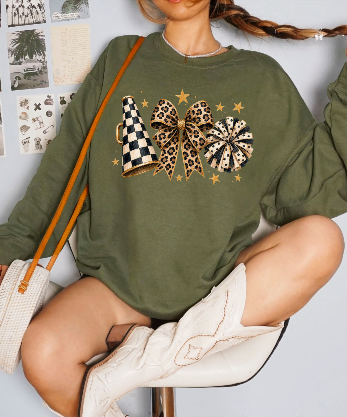 Cheer sweatshirt for women in Army Green, leopard bow megaphone pom pom crewneck, view 2