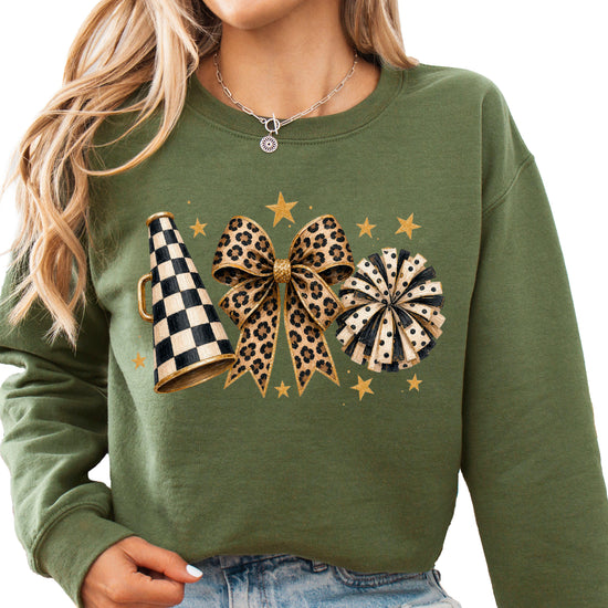 Cheer sweatshirt for women in Army Green, leopard bow megaphone pom pom crewneck, view 3