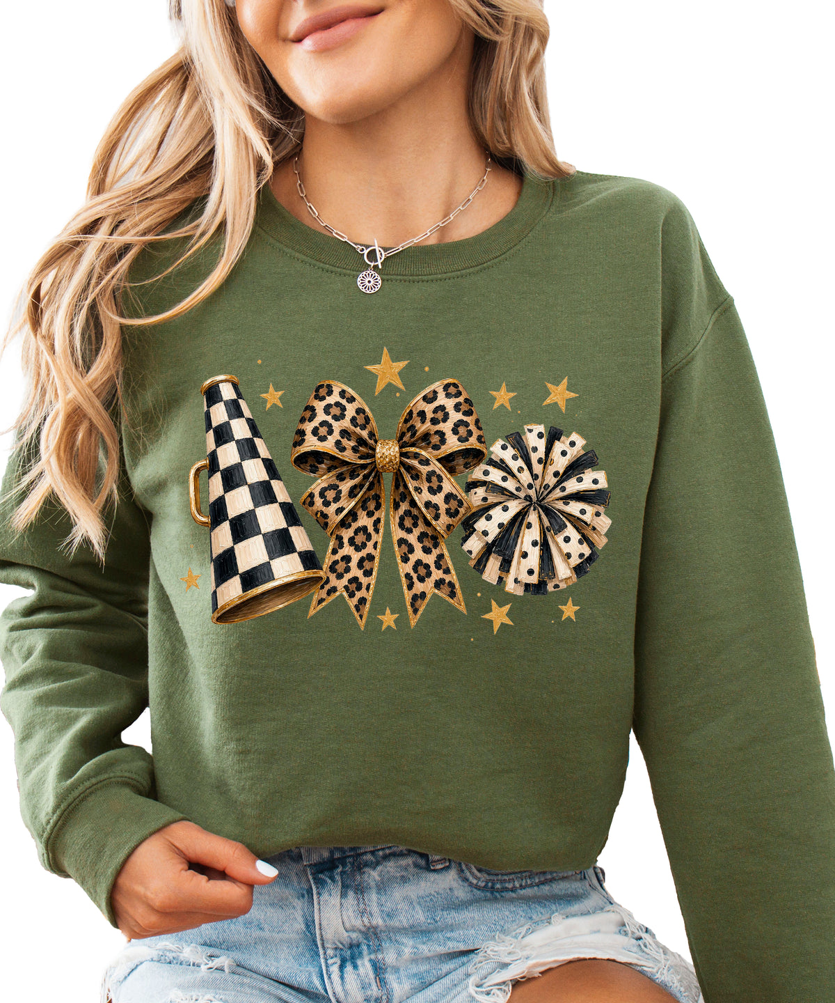 Cheer sweatshirt for women in Army Green, leopard bow megaphone pom pom crewneck, view 3