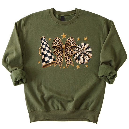 Cheer sweatshirt for women in Army Green, leopard bow megaphone pom pom crewneck, view 4