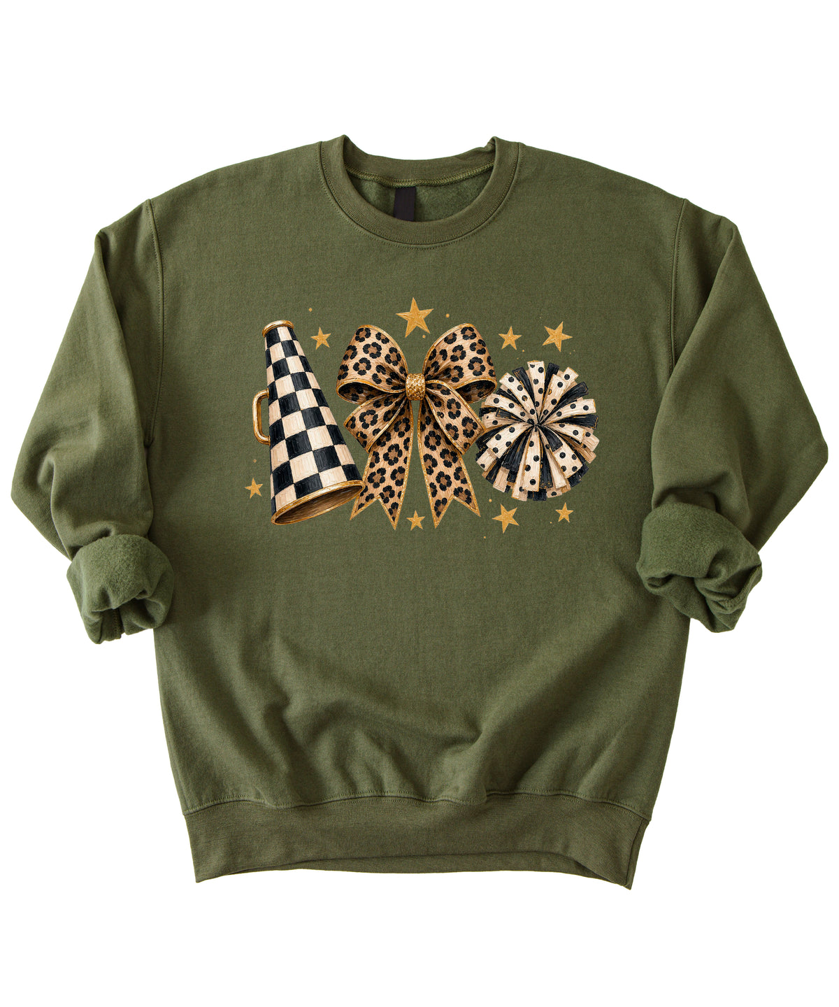 Cheer sweatshirt for women in Army Green, leopard bow megaphone pom pom crewneck, view 4