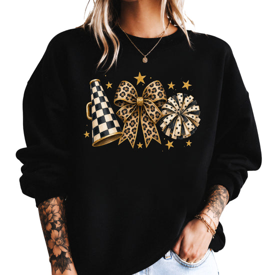Cheer sweatshirt for women in Black, leopard bow megaphone pom pom crewneck, view 1