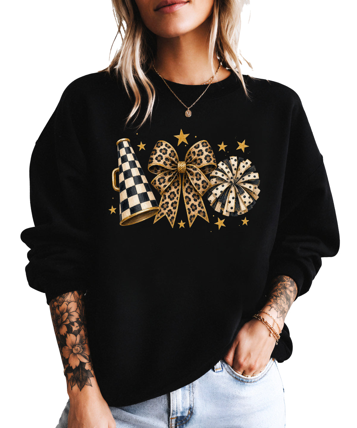 Cheer sweatshirt for women in Black, leopard bow megaphone pom pom crewneck, view 1