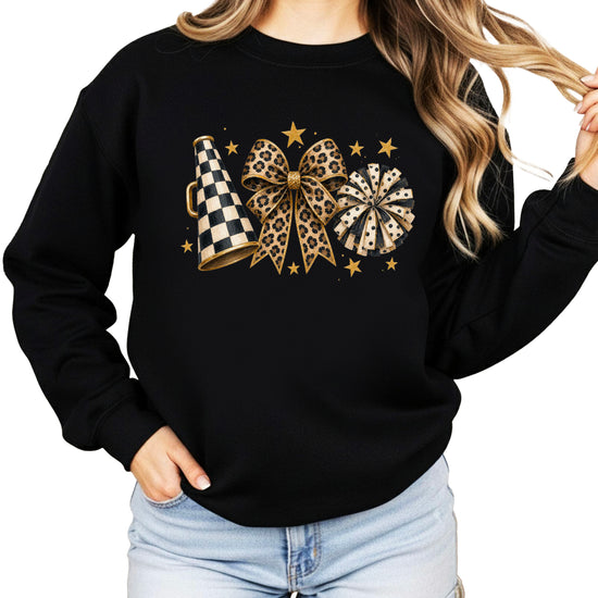 Cheer sweatshirt for women in Black, leopard bow megaphone pom pom crewneck, view 2