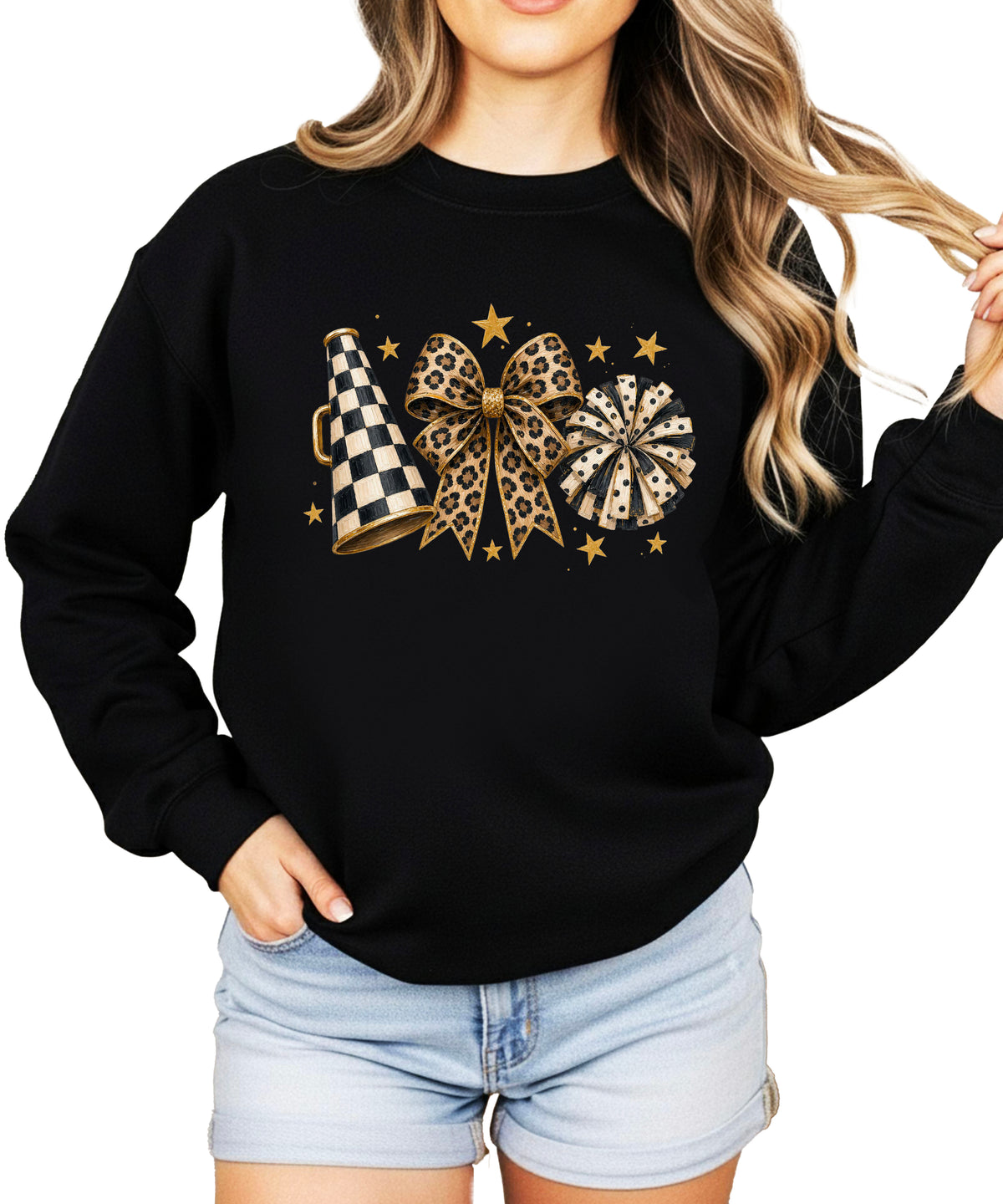 Cheer sweatshirt for women in Black, leopard bow megaphone pom pom crewneck, view 2