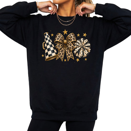 Cheer sweatshirt for women in Black, leopard bow megaphone pom pom crewneck, view 3