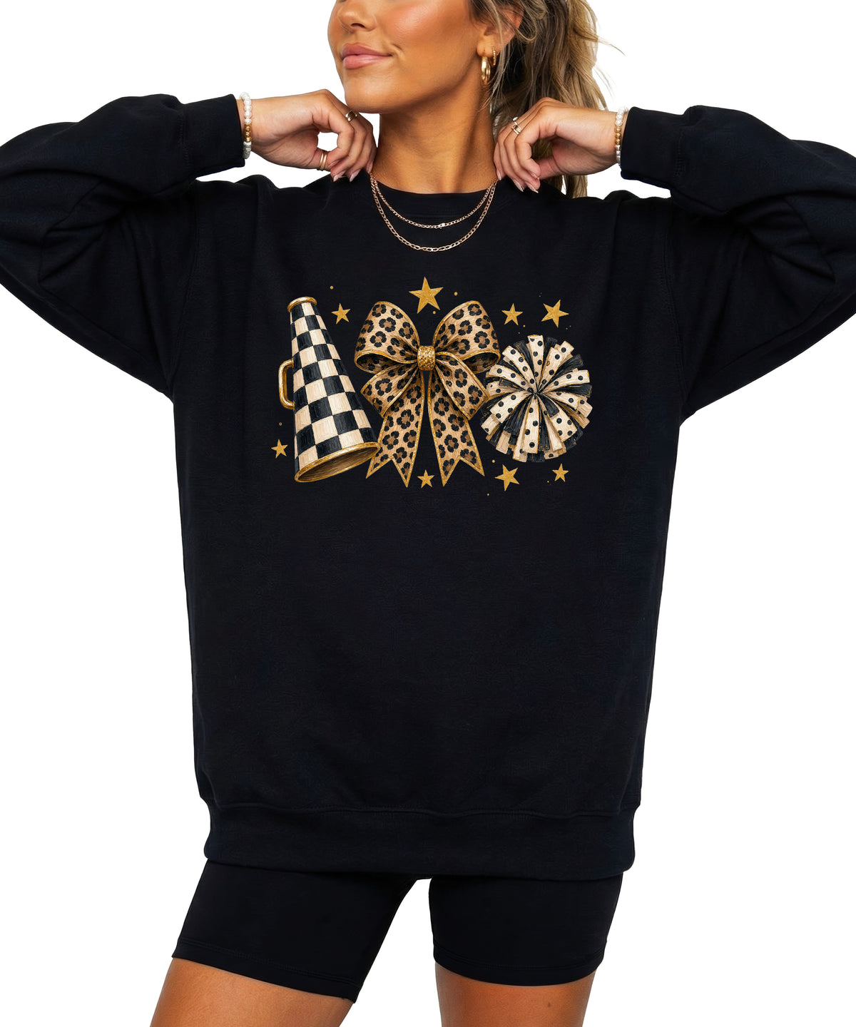 Cheer sweatshirt for women in Black, leopard bow megaphone pom pom crewneck, view 3