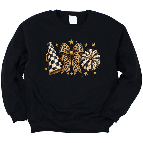 Cheer sweatshirt for women in Black, leopard bow megaphone pom pom crewneck, view 4