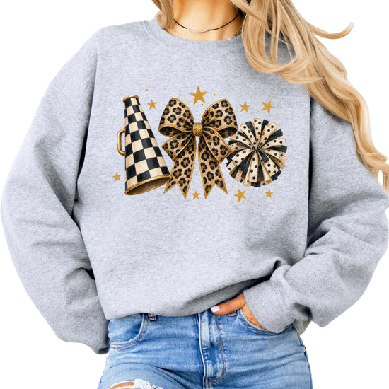 Cheer sweatshirt for women in Gray, leopard bow megaphone pom pom crewneck, view 1