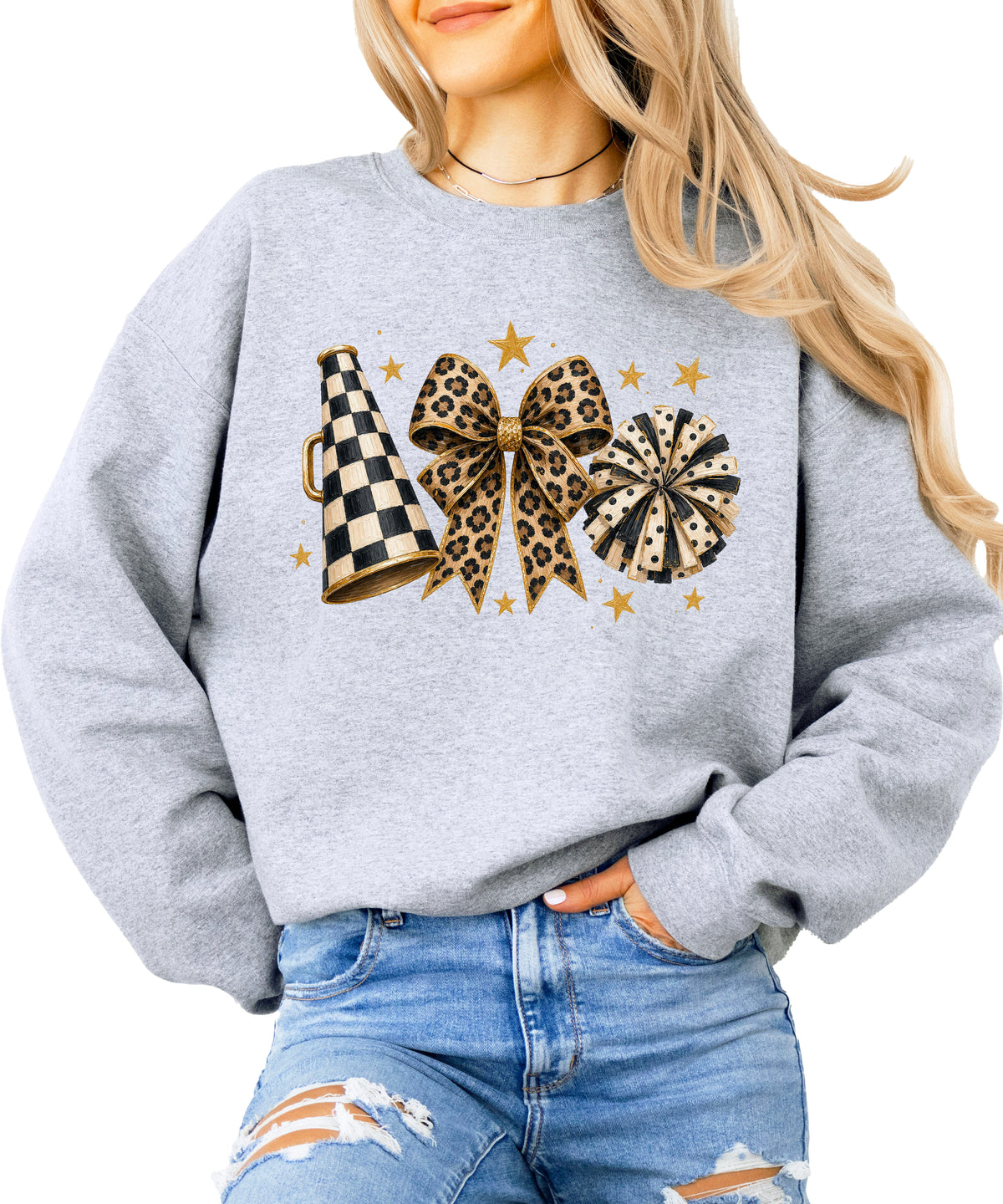 Cheer sweatshirt for women in Gray, leopard bow megaphone pom pom crewneck, view 1