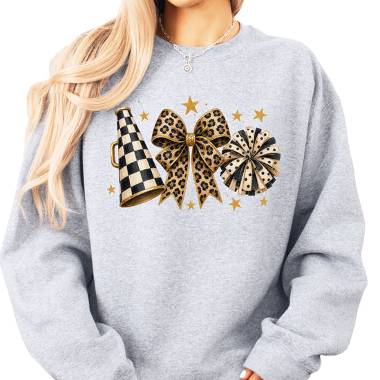 Cheer sweatshirt for women in Gray, leopard bow megaphone pom pom crewneck, view 2