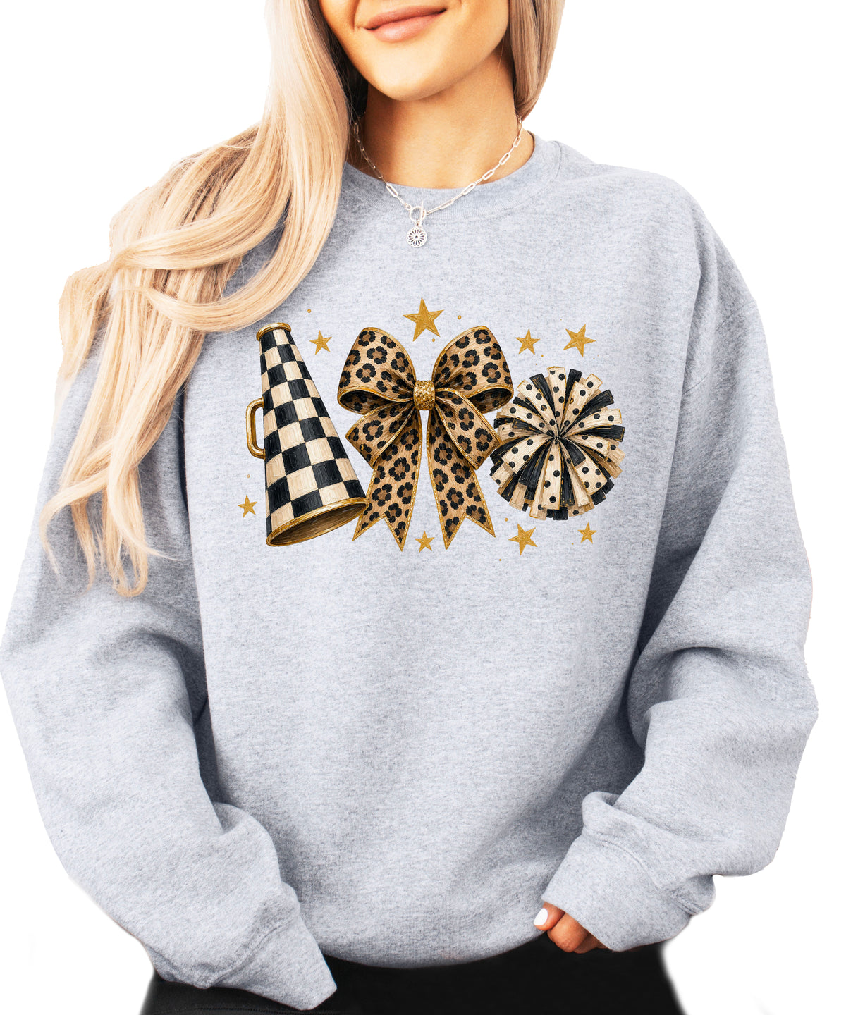 Cheer sweatshirt for women in Gray, leopard bow megaphone pom pom crewneck, view 2