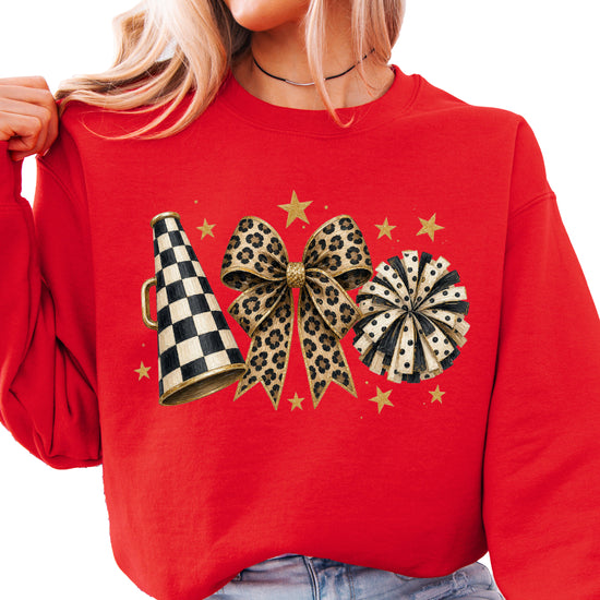 Cheer sweatshirt for women in Red, leopard bow megaphone pom pom crewneck, view 1