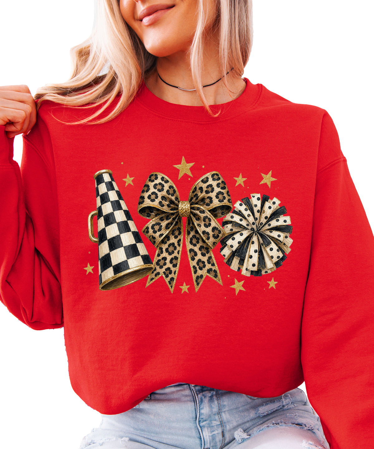Cheer sweatshirt for women in Red, leopard bow megaphone pom pom crewneck, view 1