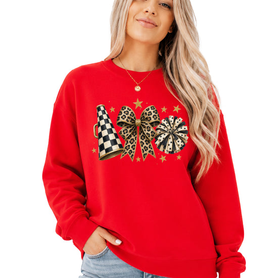 Cheer sweatshirt for women in Red, leopard bow megaphone pom pom crewneck, view 2