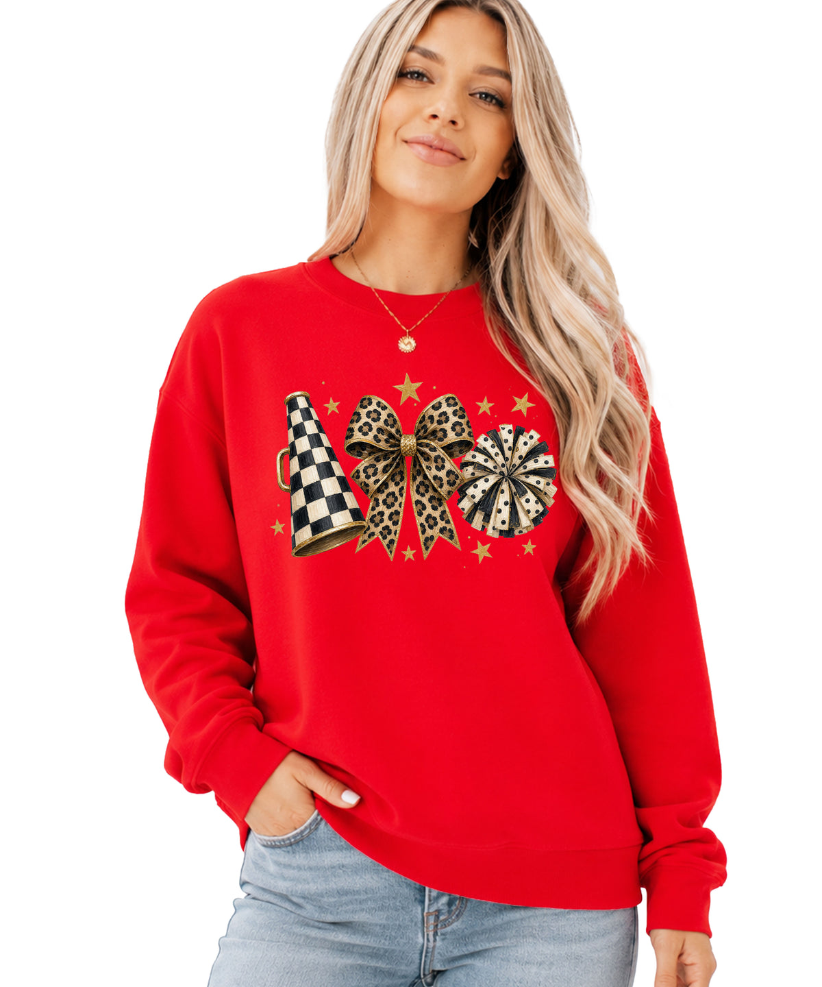 Cheer sweatshirt for women in Red, leopard bow megaphone pom pom crewneck, view 2