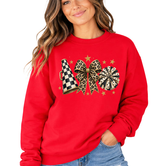 Cheer sweatshirt for women in Red, leopard bow megaphone pom pom crewneck, view 3