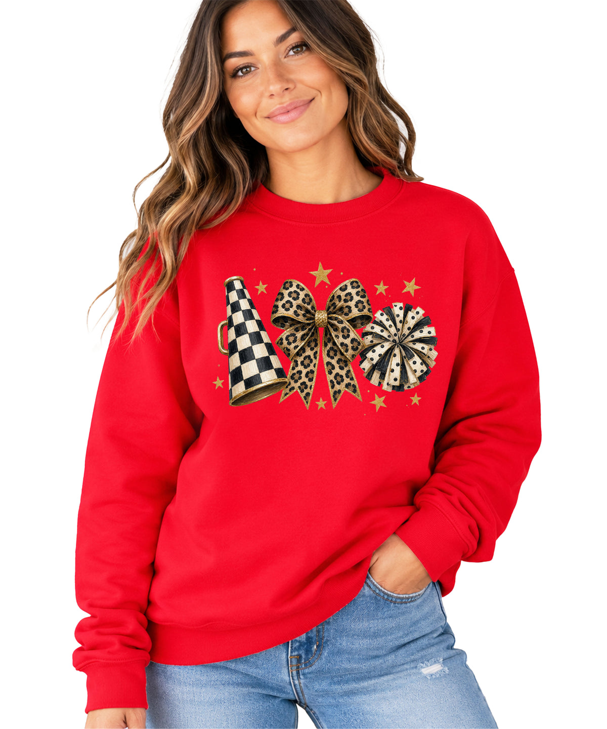 Cheer sweatshirt for women in Red, leopard bow megaphone pom pom crewneck, view 3
