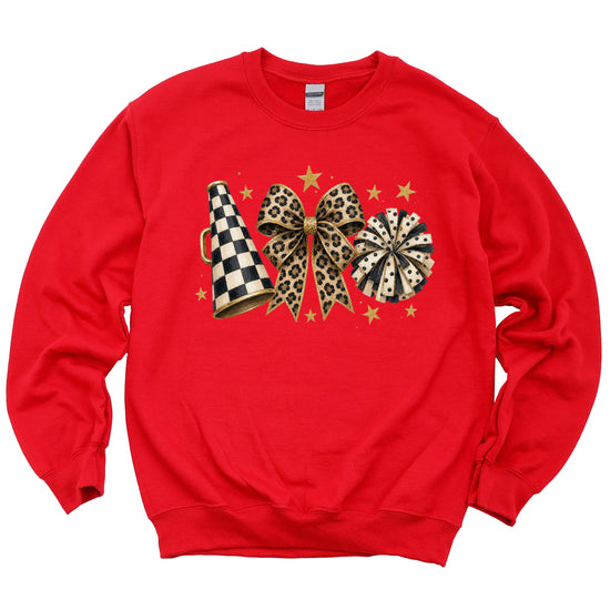 Cheer sweatshirt for women in Red, leopard bow megaphone pom pom crewneck, view 4