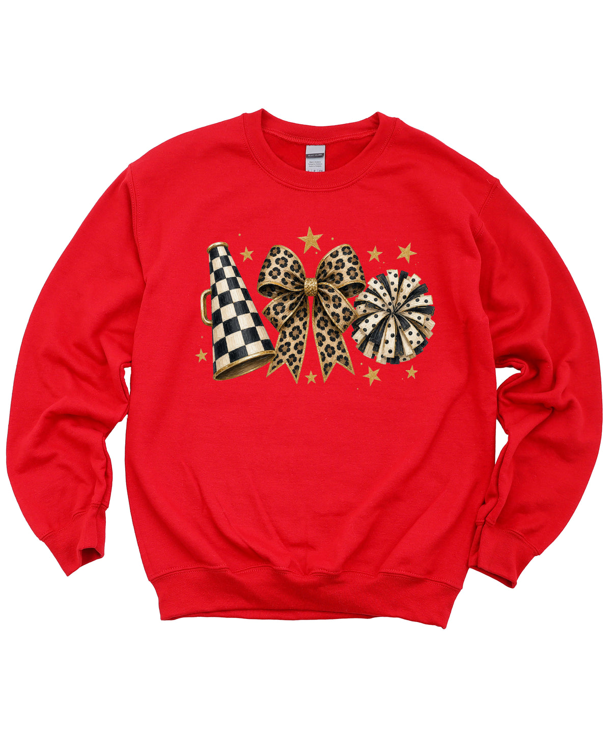 Cheer sweatshirt for women in Red, leopard bow megaphone pom pom crewneck, view 4