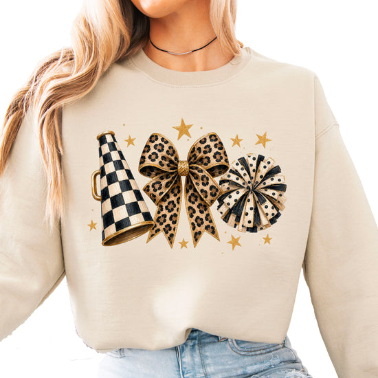 Cheer sweatshirt for women in Sand, leopard bow megaphone pom pom crewneck, view 1