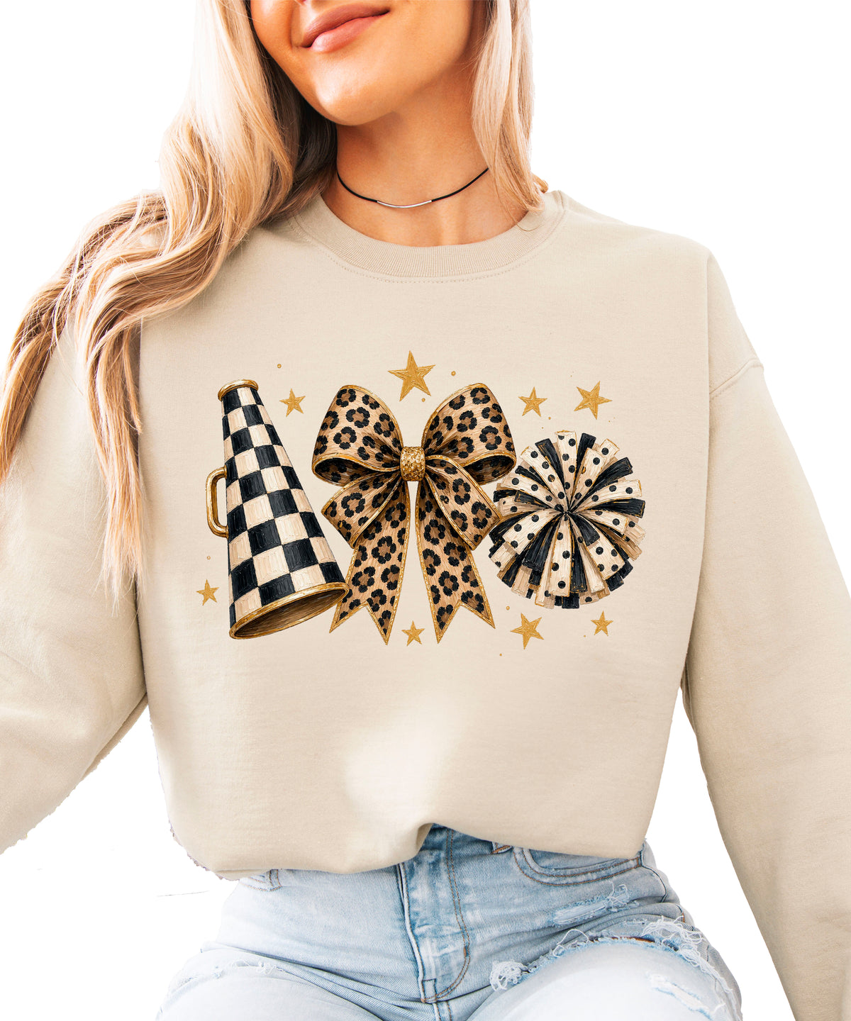 Cheer sweatshirt for women in Sand, leopard bow megaphone pom pom crewneck, view 1