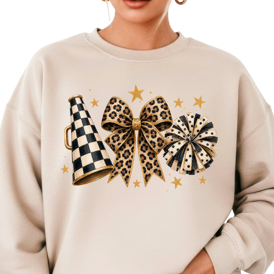 Cheer sweatshirt for women in Sand, leopard bow megaphone pom pom crewneck, view 2