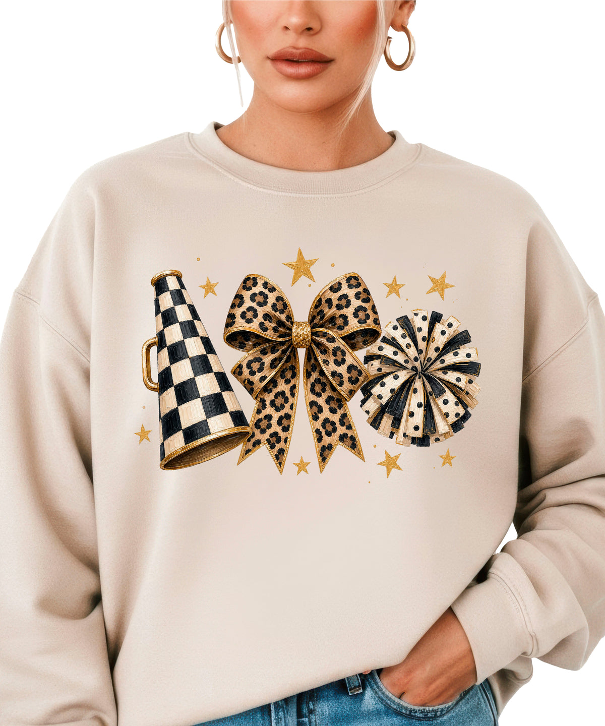 Cheer sweatshirt for women in Sand, leopard bow megaphone pom pom crewneck, view 2