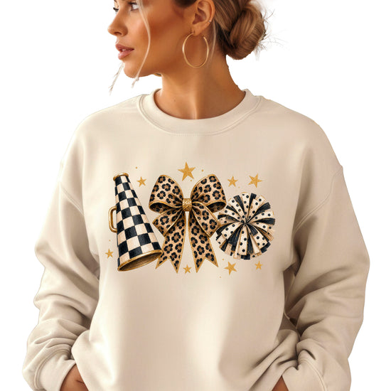 Cheer sweatshirt for women in Sand, leopard bow megaphone pom pom crewneck, view 3